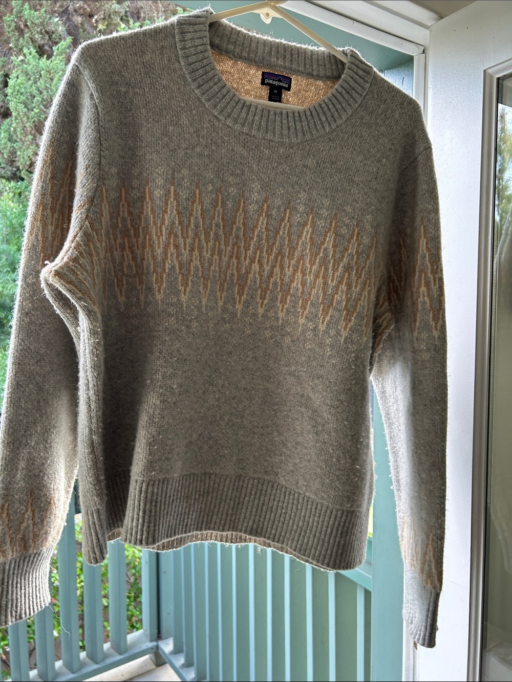 Patagonia Grey Crewneck Sweater with Tan Zigzag Accent
